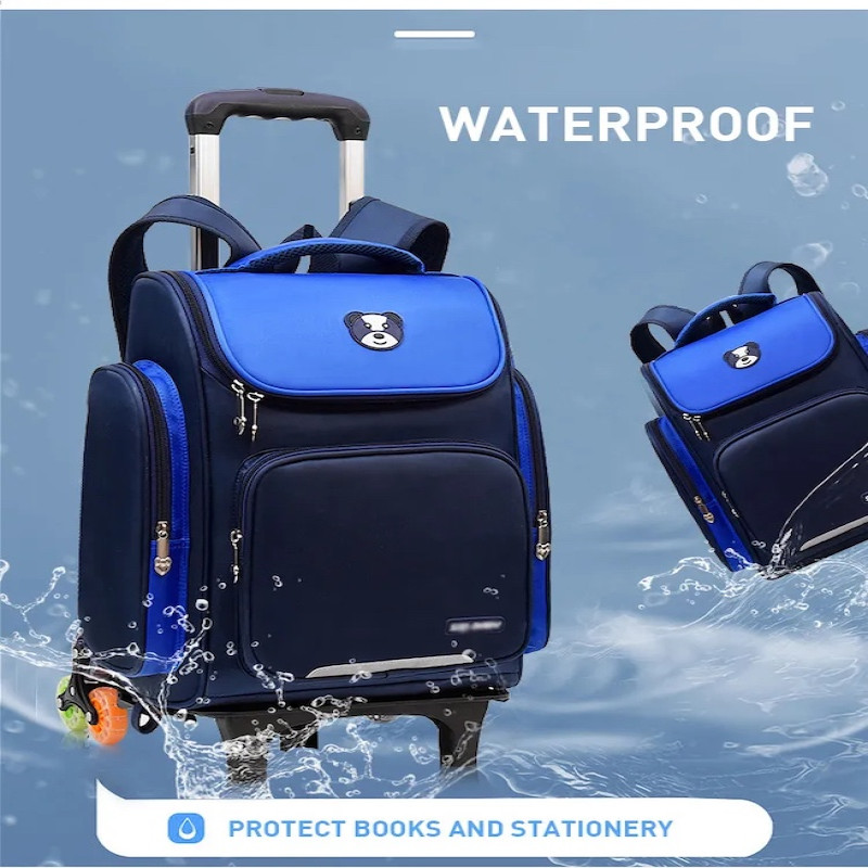 Waterproof 6 Wheel Trolley Backpack Adjustable Handle School Bag Blue